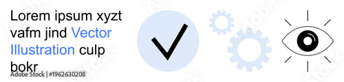 Quality assurance, data security, innovation processes, digital solutions, user interface, and system reliability. Features a check mark, gears and an eye. Quality assurance and data security