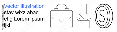 Business, finance, logistics, organization, marketing, e-commerce. Black and white icons showing a briefcase, a package with an arrow and a coin symbol. Business and finance concept