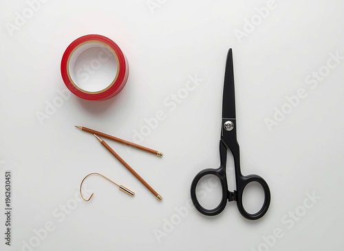 Scissors, Adhesive Tape and Craft Materials on White Background