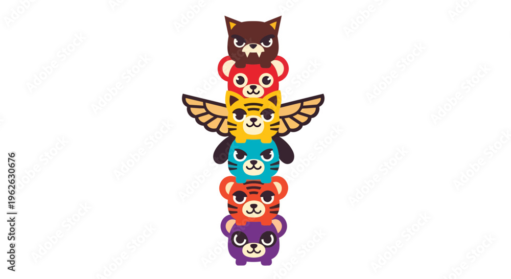 Naklejka premium Stylized totem pole illustration featuring stacked cartoon animal characters