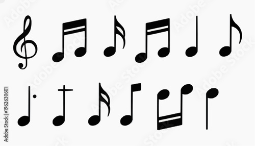 Musical notation symbol set with treble clef notes rests and rhythm icons for sheet music