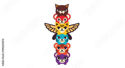 Stylized totem pole illustration featuring stacked cartoon animal characters