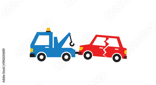 Stylized tow truck assisting a broken red car after accident illustration