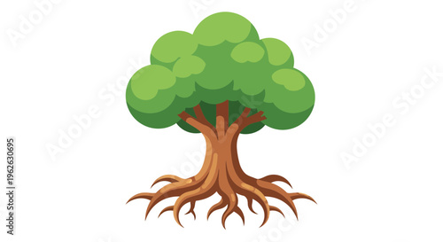 Stylized tree illustration with rounded green canopy and intertwined roots isolated on white