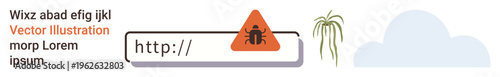 Cybersecurity, website security, online threat detection, malware warning, spyware, safe browsing. URL bar with warning icon and bug symbol. Cybersecurity and website security