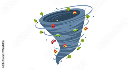 Stylized vector illustration showcasing a swirling tornado impacting residential areas and landscape