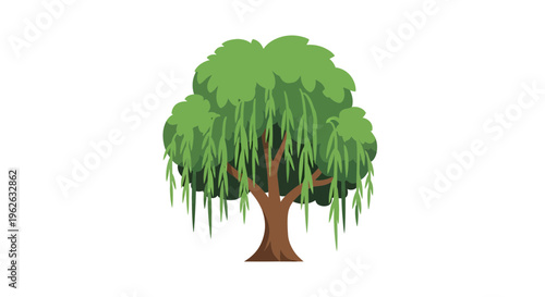 Stylized weeping willow illustration with elongated leaves in vibrant green hues