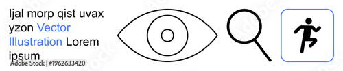 Vision observation, search analysis, mobility action, visual focus, motion tracking, research exploration. A stylized eye, magnifying glass and running person. Vision observation and search analysis