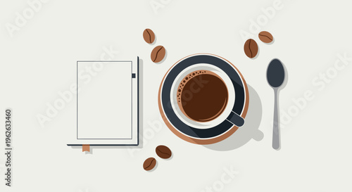 A cup of coffee with a tablet and spoon on a table with coffee beans nearby