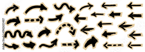 Hand Drawn Black Arrow Set on Kraft Paper Cutouts, Vintage Zine Culture Elements, Grunge Scribble Stickers for Scrapbooking, Collage and Journaling, Textured Crayon Graphic Illustrations