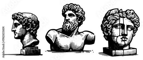 Ancient Greek Roman Marble Statues Busts Classical Sculpture Head Sketch Vintage Engraving Antique Style