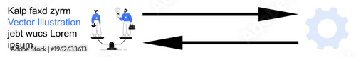 Business operations, decision making, workflow processes, efficiency, teamwork, management strategies. Scales with two figures and directional arrows towards a gear. Decision making and operations