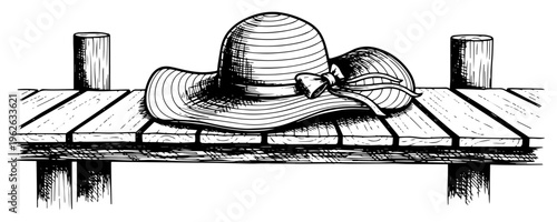 Women Straw Sun Hat on Wooden Pier Dock Background Summer Vacation and Beach Holiday Illustration