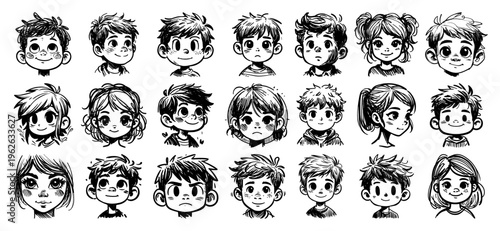 Cute Children Faces Set Hand Drawn Cartoon Kids Portraits with Different Expressions and Hairstyles