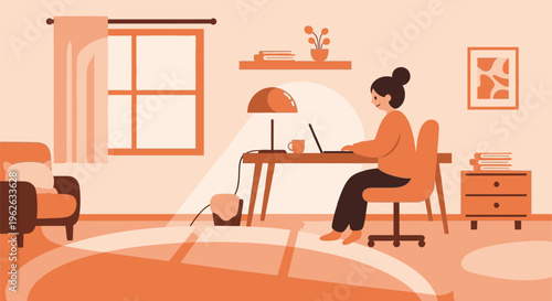 Woman sitting at desk with laptop in modern living room interior