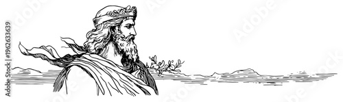 Ancient Greek God Poseidon or Zeus Profile Classical Mythology Portrait on Horizon Vintage Engraving