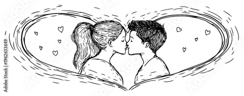 Romantic Young Couple Kissing Inside Heart Shape Love and Romance Sketch for Valentine Greeting Card