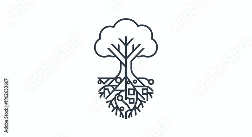 A detailed illustration of a tree with roots and a cloudy sky above