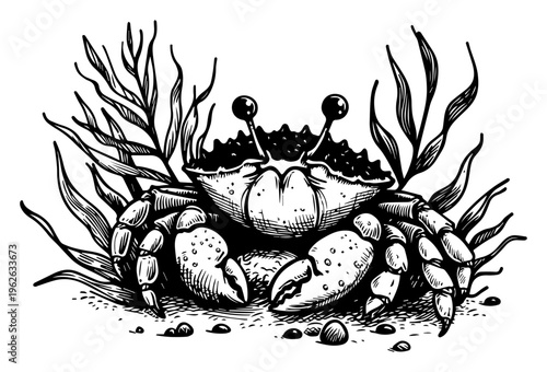 Crab in Seaweed Marine Life Sketch Vintage Engraving Style Crustacean on Sandy Beach Ocean Floor