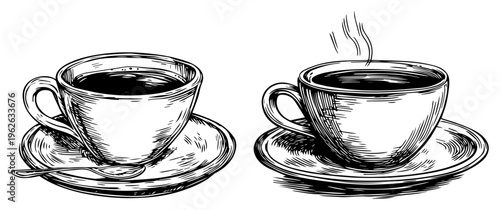 Coffee Cups with Saucers and Steam Hand Drawn Sketch Vintage Cafe Morning Break Beverage Illustration
