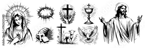 Christian Religious Icons Set with Jesus Christ Virgin Mary Holy Cross and Sacred Symbols Hand Drawn