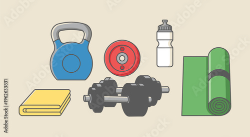 Fitness equipment laid out for a workout session indoors includes kettlebell and dumbbells