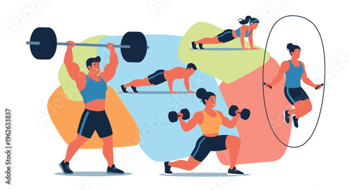 People exercising with weights in a colorful gym environment indoor