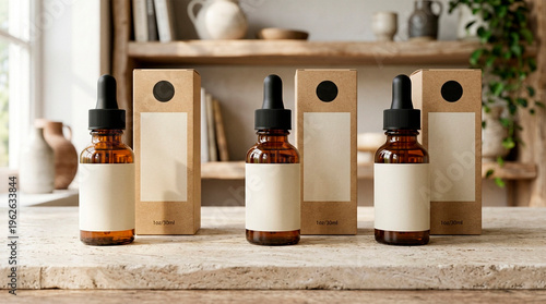 Amber dropper bottles with blank labels and packaging boxes for branding mockup and natural skincare concept