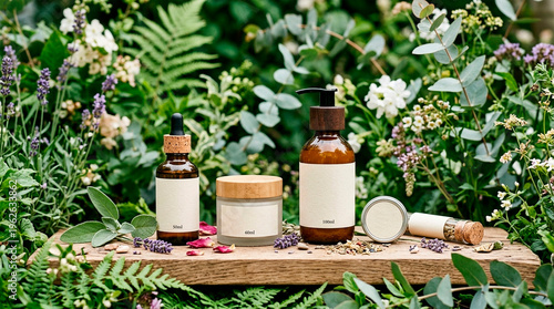 Natural skincare cosmetic products with blank labels among green plants for branding mockup and organic beauty concept