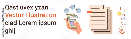 Digital communication, cloud storage, mobile apps, data security, online documents, workflow management. Hand holding a phone with messages document and icons. Digital communication and cloud storage