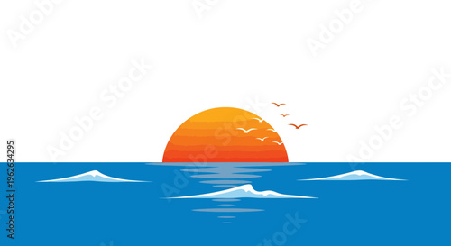 Sunset over a calm ocean with stylized waves and soaring birds in minimalist vector design