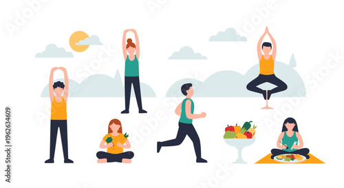 People practice yoga outdoors on a sunny day with healthy food nearby