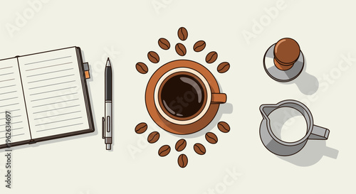 An illustration of a cup of coffee surrounded by coffee beans a notebook and a pen on a table with a sugar bowl and creamer.