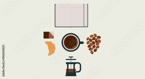 A still life illustration of coffee, pastry, chocolate, coffee beans, and a French press on a table indoors.