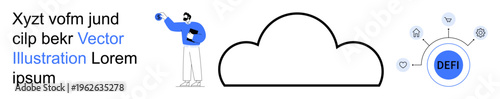 Decentralized finance, cloud computing, blockchain networks, fintech, data security, connectivity solutions. Minimalist design with a cloud, person holding device, and blockchain graphic