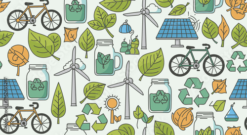 Eco-friendly transportation and sustainable living scene with bicycles wind turbines leafy greens and recycling jars