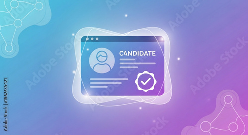 Digital candidate profile icon with verification check on a purple and blue gradient background