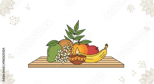 Colorful still life of fruit and flowers on wooden board with candle