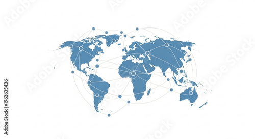 Global connections map with blue continents and white lines on a white background