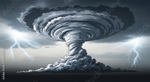 Massive gray tornado with lightning bolts in a dark stormy sky with clouds