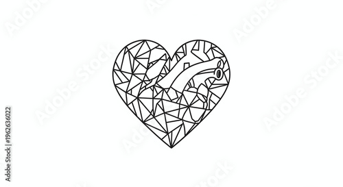 A hand forming a heart shape with geometric patterns on a white background