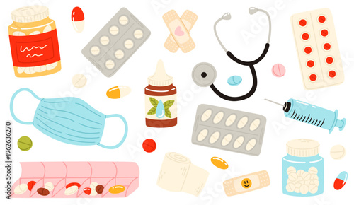 A set of medicines and medical supplies. Medicine pills, bottles, plasters, bandages.