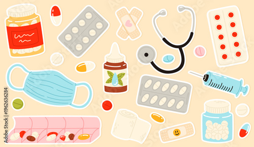 A set of medication and medical supplies stickers. Medicine pills, bottles, bandages, and bandages.