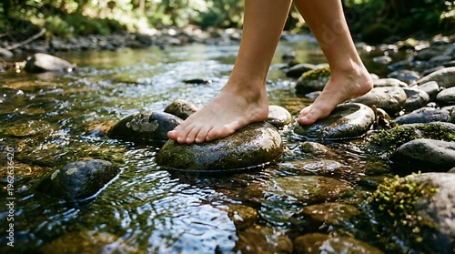 Close Up of Bare Feet Stepping Gently on Smooth Wet River Stones in Clear Stream Serene Connection