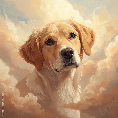 Emotional dog pet memorial artwork with soft heavenly light, peaceful atmosphere, warm gentle hues, and elegant fine art texture, created to evoke comfort, love, and remembrance