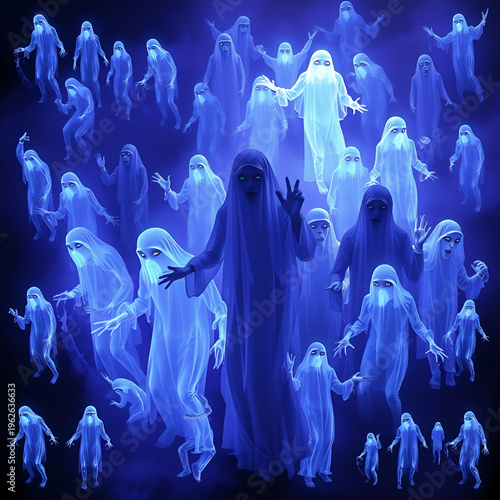 An ultra-wide collage of ethereal, spectral figures, their eerie luminescence casting an otherworldly glow, as these black-light ghosts materialize in a haunting dance of neon phantoms