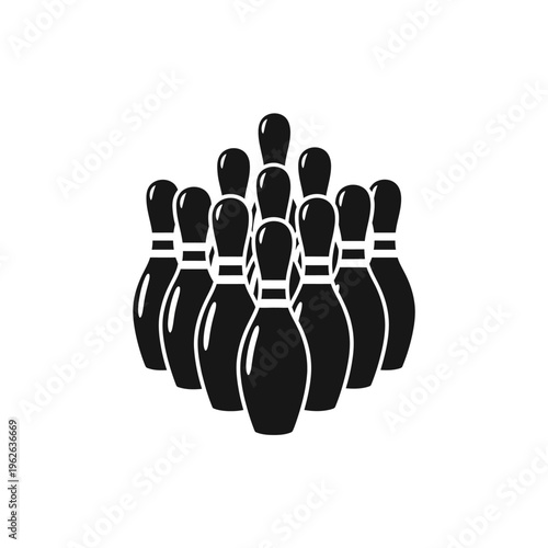 Clean black bowling pins icon in a classic triangular formation, symbolizing sport, game, and recreation. Ideal for athletic event designs, competitive leisure, and entertainment graphics