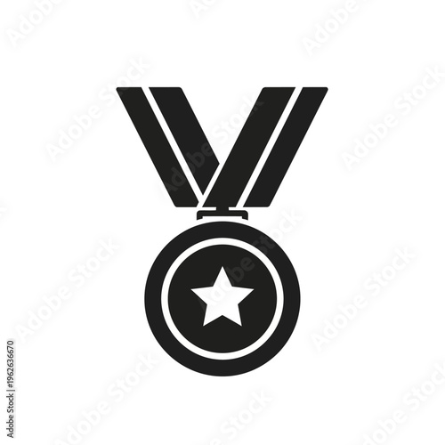 A sleek, black, minimalist icon of a medal featuring a prominent star symbol, perfect for representing achievement and victory