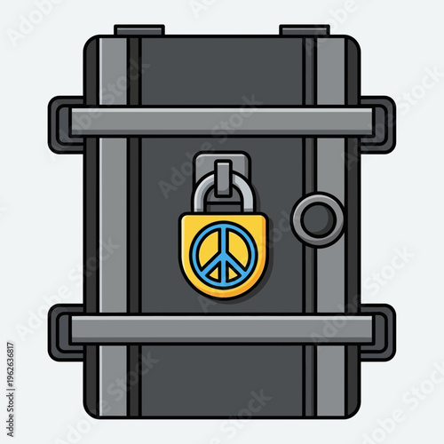 Graphic illustration of a locked box with peace sign.