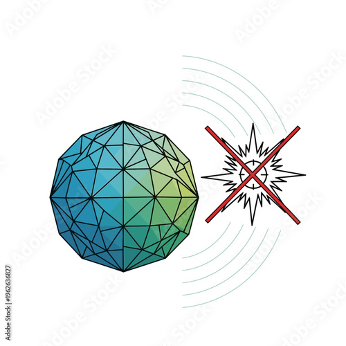 A colorful geometric shape with a signal interference symbol.